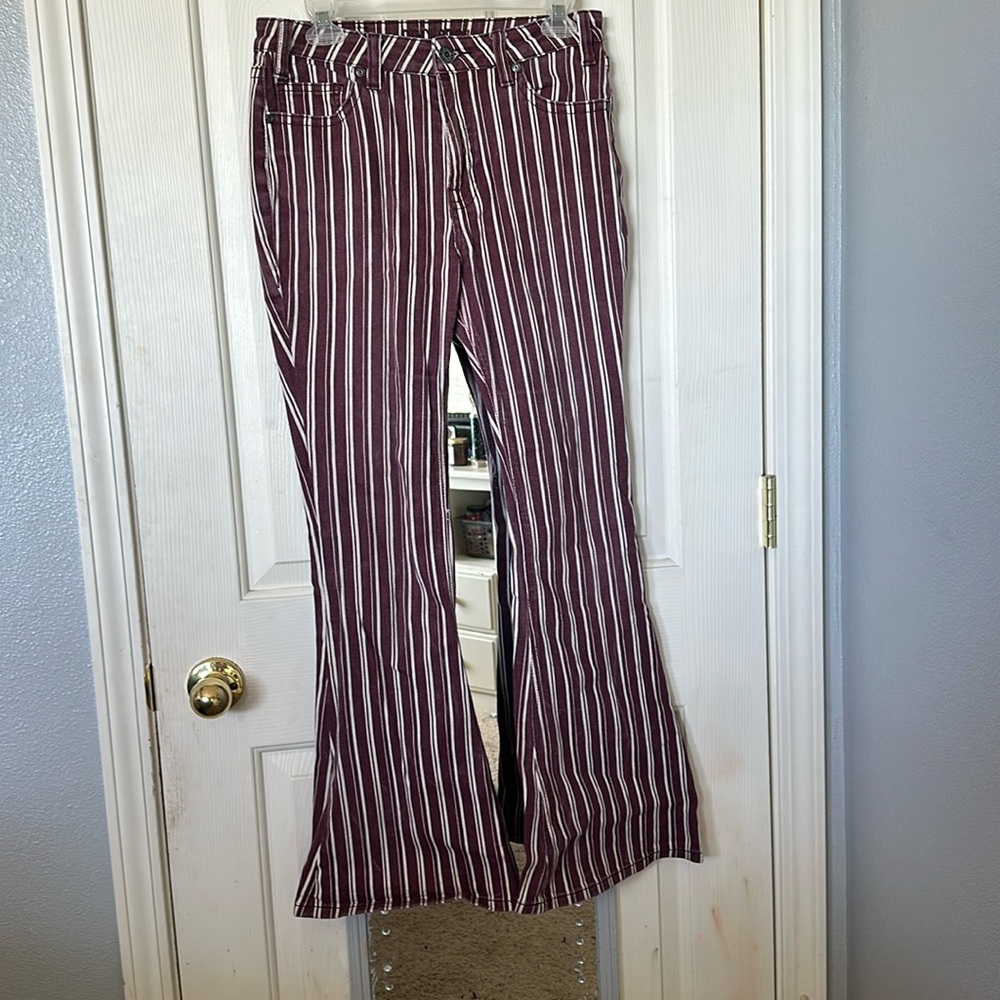Women’s red and white striped flare jeans